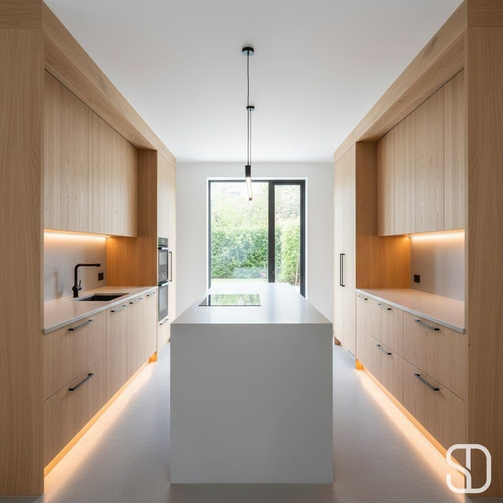 Pale oak galley kitchen with white quartz island and under-cabinet lighting