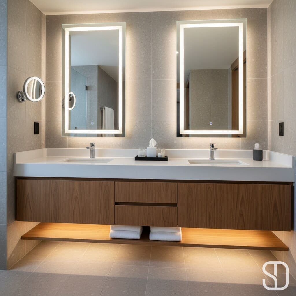 Floating walnut double vanity with backlit mirrors in a hotel bathroom