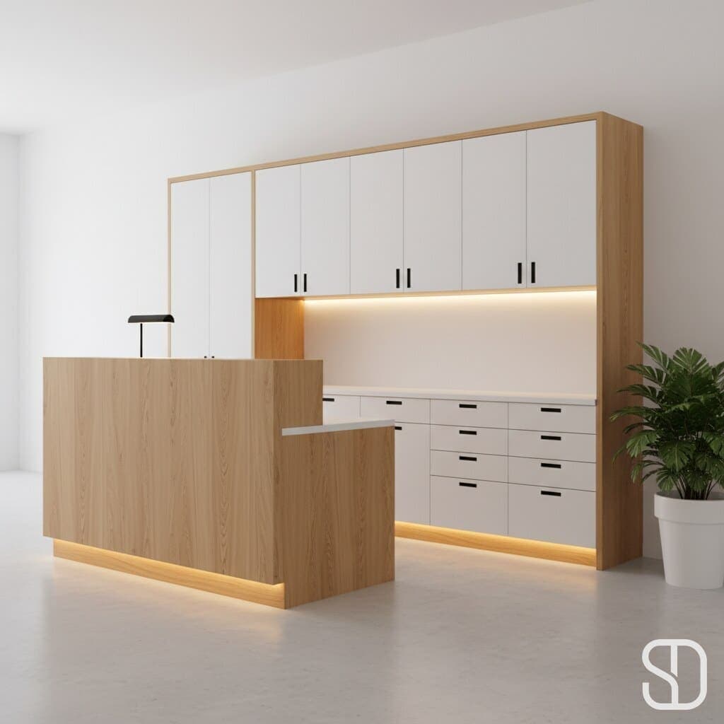 Oak reception desk with matching white-and-oak wall casework