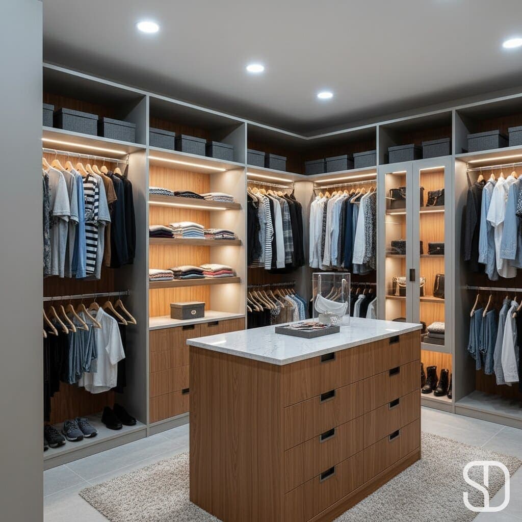 Walk-in closet system with island dresser, glass display cabinet, and lit shelving
