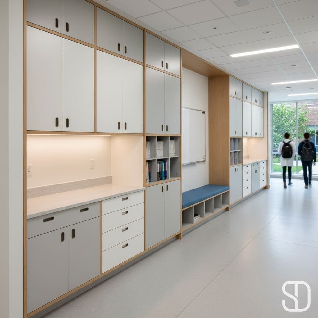 Education corridor casework with bench seating, cubbies, and open book shelving