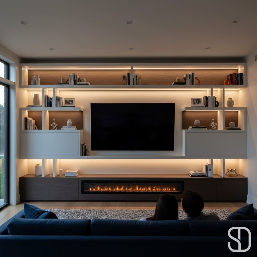 Backlit media-wall built-in with linear fireplace and floating cabinets