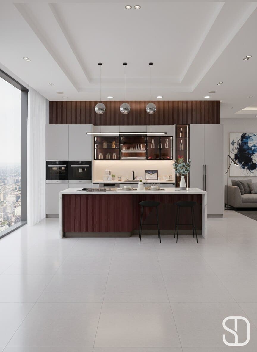 Penthouse kitchen with burgundy fluted island, walnut slat feature wall, and glass-front cabinets