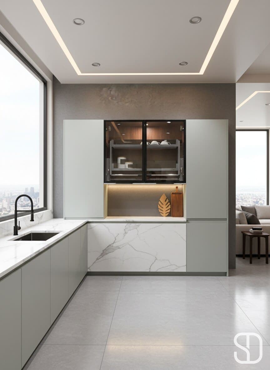 Sage-green kitchen with marble feature panel and lift-up glass wall cabinet